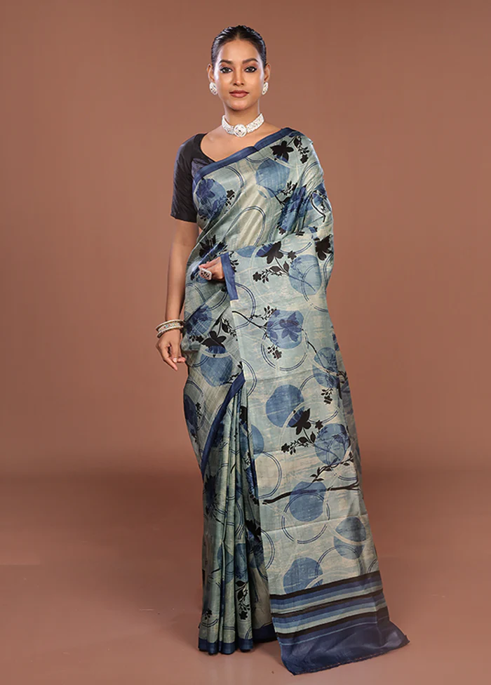 Blue Printed Pure Silk Saree Without Blouse Piece - Image 2