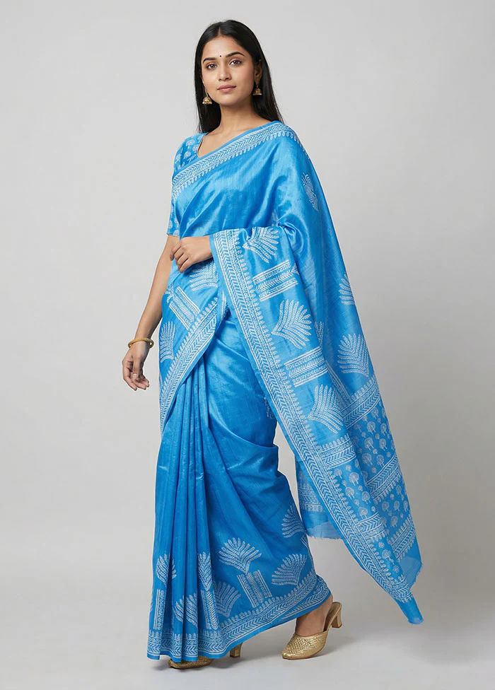 Blue Printed Pure Silk Saree Without Blouse Piece