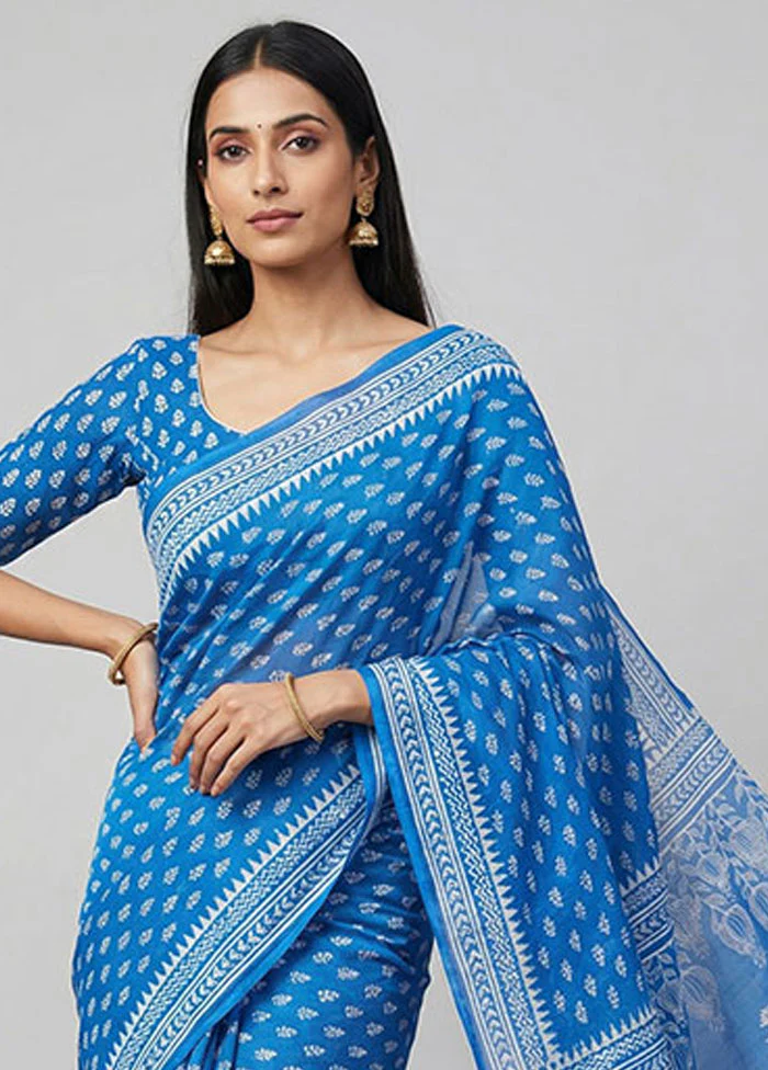 Blue Printed Silk Saree Without Blouse Piece - Image 2