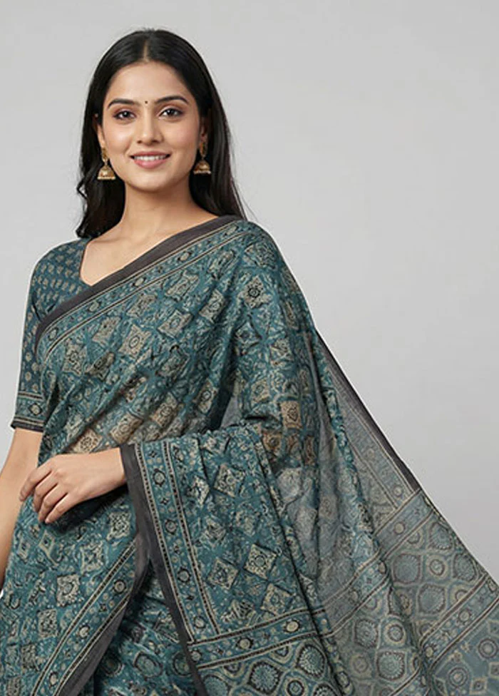 Blue Printed Pure Silk Saree Without Blouse Piece - Image 2