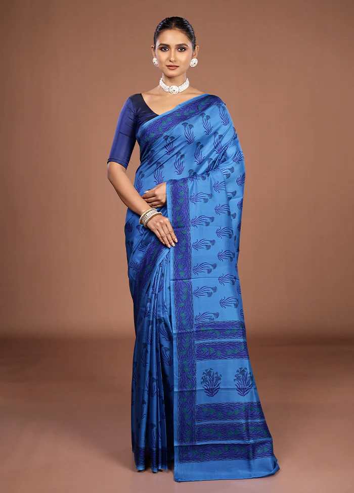 Blue Printed Pure Silk Saree Without Blouse Piece - Image 2