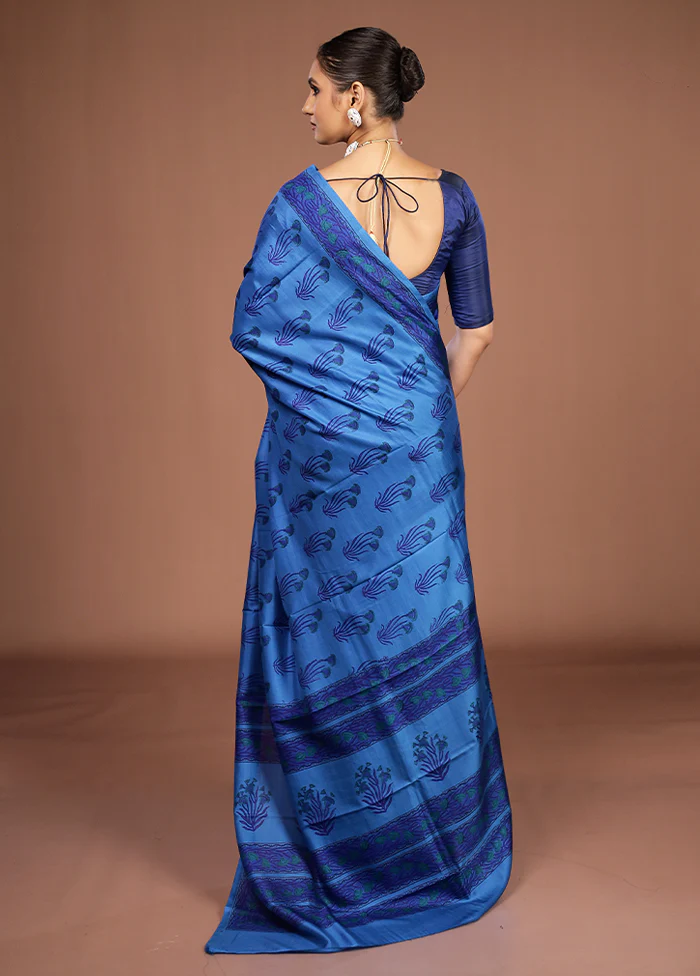 Blue Printed Pure Silk Saree Without Blouse Piece - Image 3