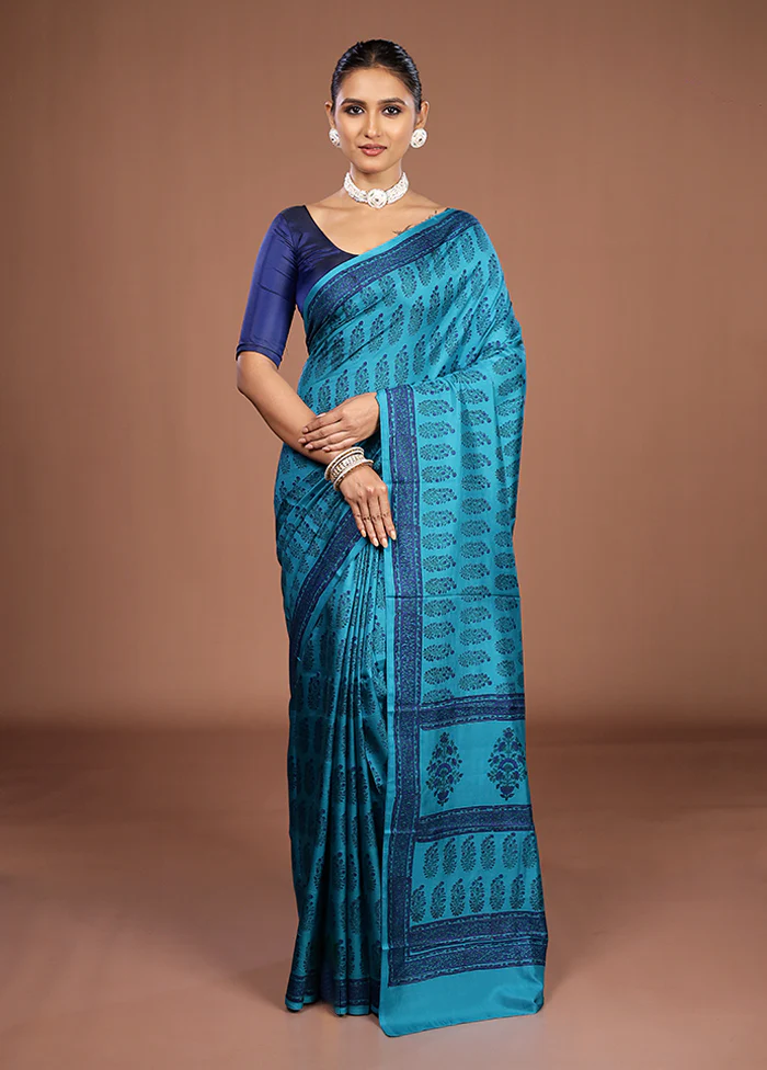 Blue Printed Pure Silk Saree Without Blouse Piece - Image 2
