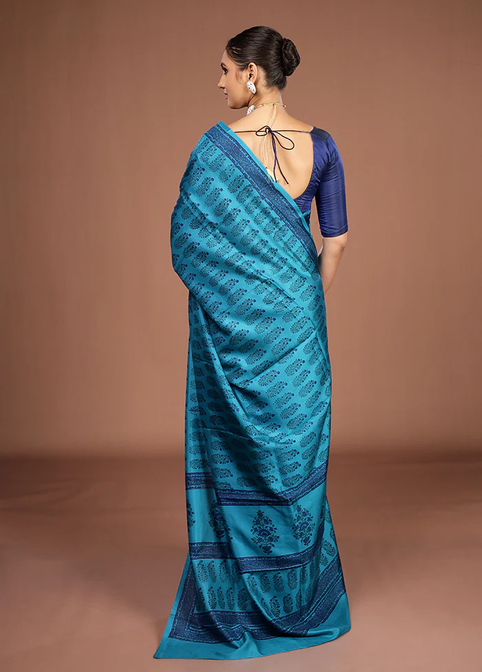 Blue Printed Pure Silk Saree Without Blouse Piece - Image 3