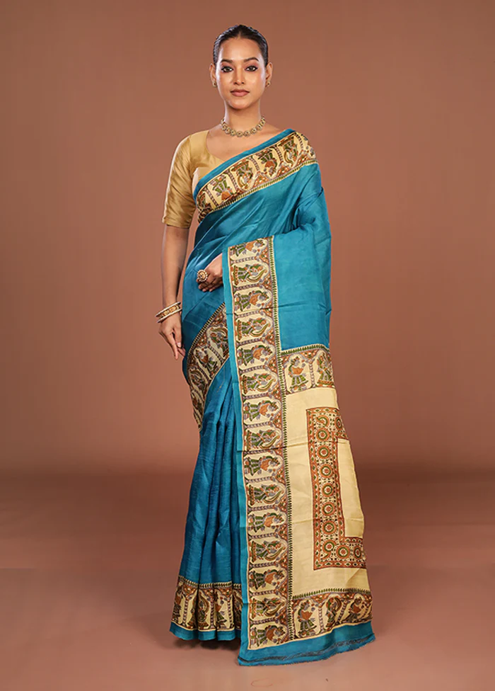 Blue Printed Silk Saree Without Blouse Piece - Image 2