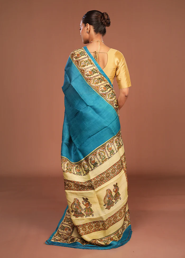 Blue Printed Silk Saree Without Blouse Piece - Image 3