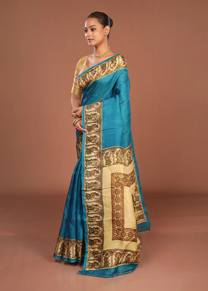 Blue Printed Silk Saree Without Blouse Piece - Image 4