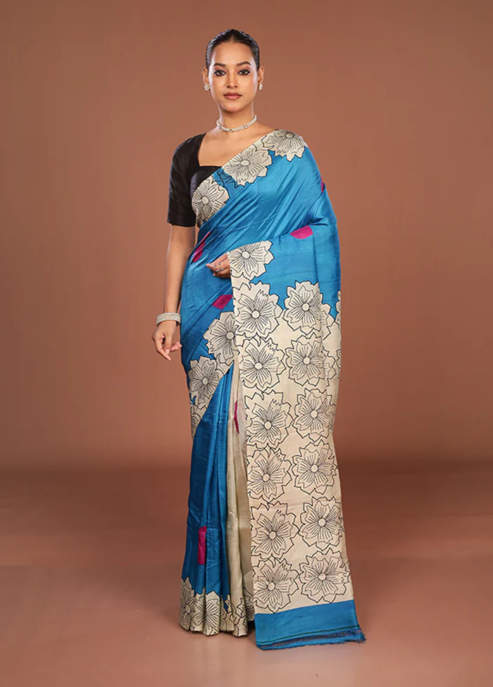 Blue Printed Silk Saree Without Blouse Piece - Image 2