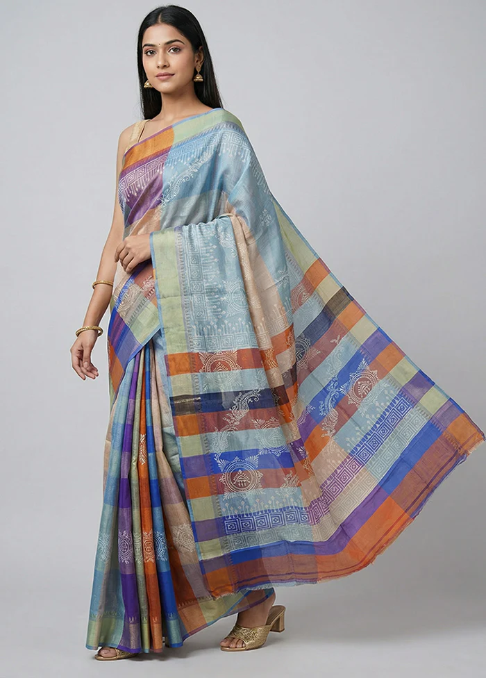 Blue Printed Silk Saree Without Blouse Piece