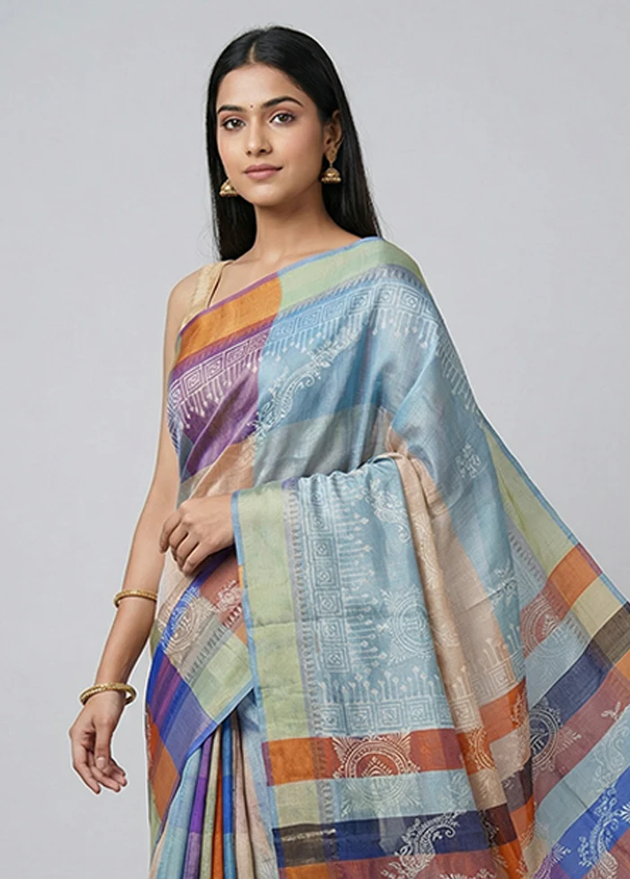 Blue Printed Silk Saree Without Blouse Piece - Image 2