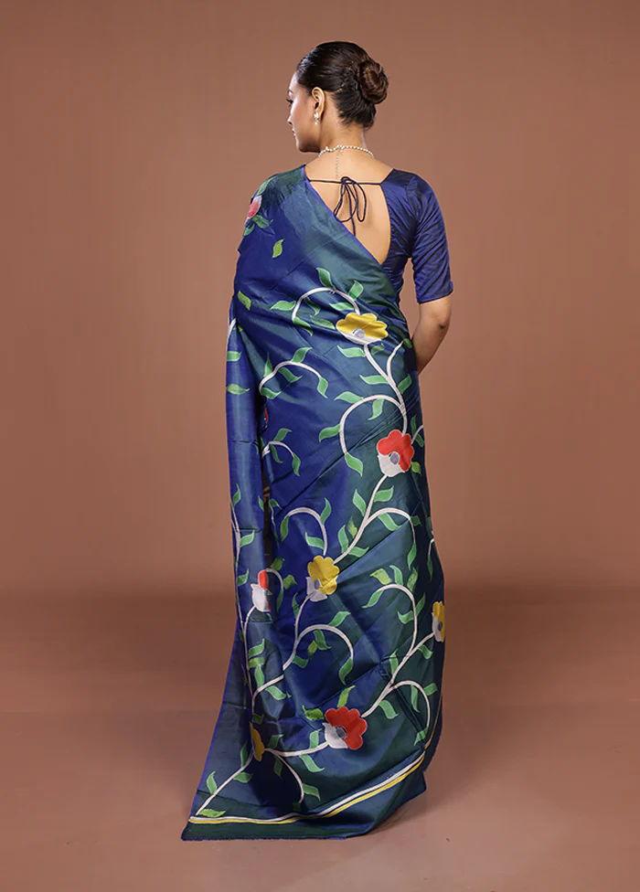 Blue Printed Pure Silk Saree Without Blouse Piece - Image 3