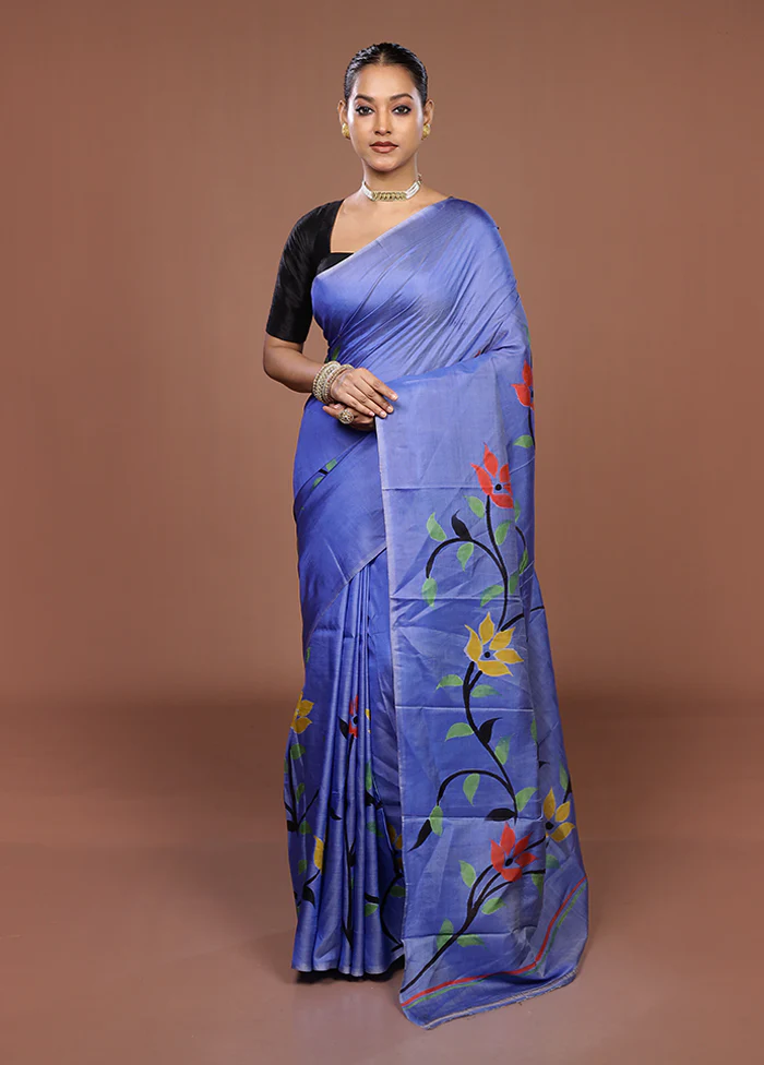 Blue Printed Silk Saree Without Blouse Piece - Image 2