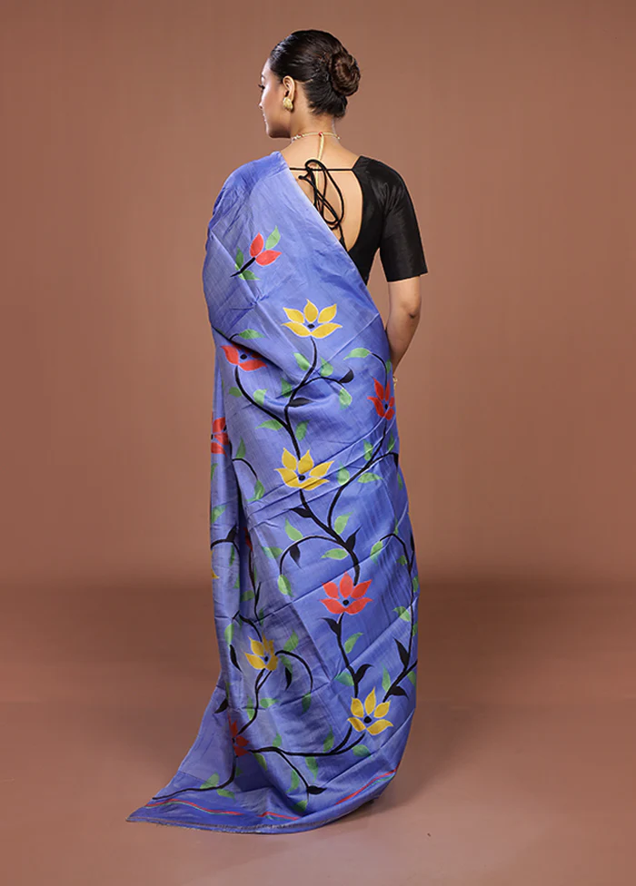 Blue Printed Silk Saree Without Blouse Piece - Image 3