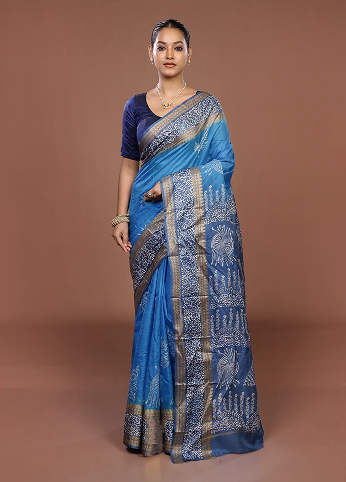 Blue Printed Silk Saree Without Blouse Piece - Image 2