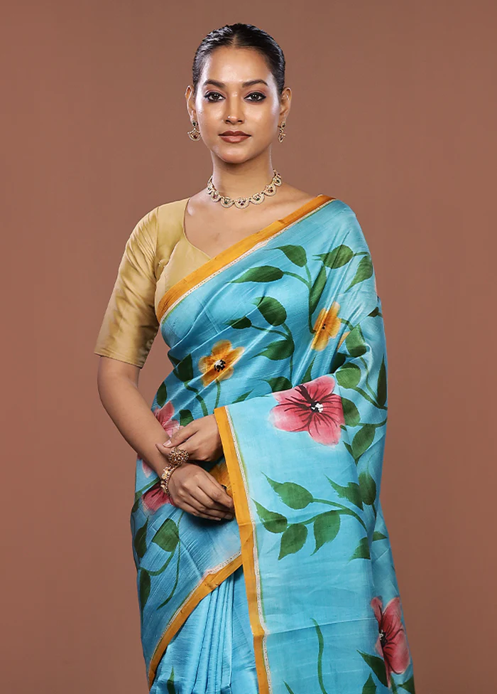 Blue Printed Silk Saree Without Blouse Piece