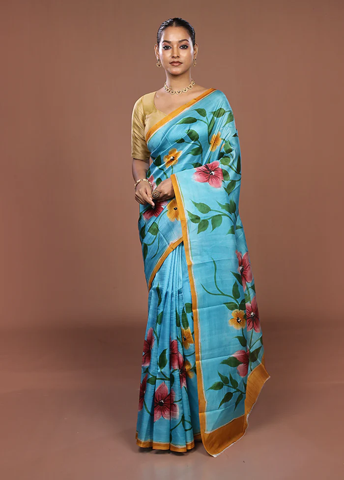 Blue Printed Silk Saree Without Blouse Piece - Image 2