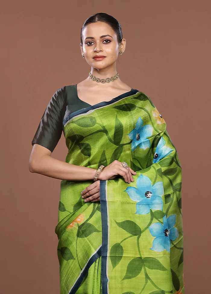 Blue Printed Silk Saree Without Blouse Piece