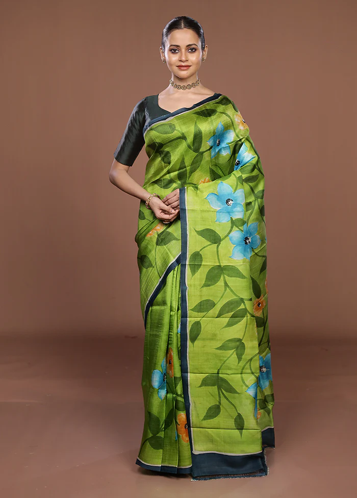 Blue Printed Silk Saree Without Blouse Piece - Image 2