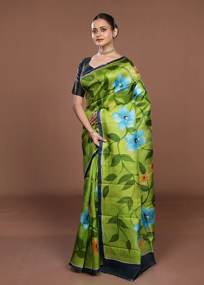 Blue Printed Silk Saree Without Blouse Piece - Image 4
