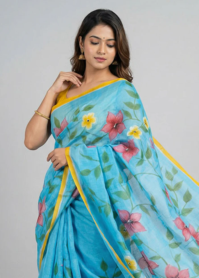 Blue Printed Silk Saree Without Blouse Piece - Image 2
