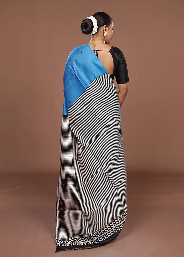 Blue Printed Pure Silk Saree Without Blouse Piece - Image 3