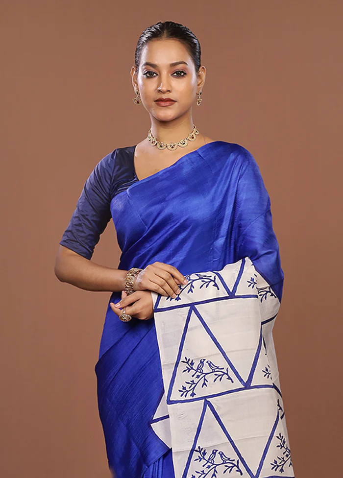 Blue Printed Silk Saree Without Blouse Piece