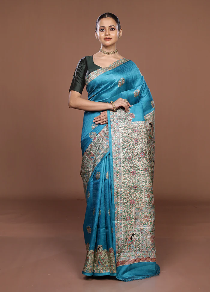 Blue Printed Silk Saree Without Blouse Piece - Image 2