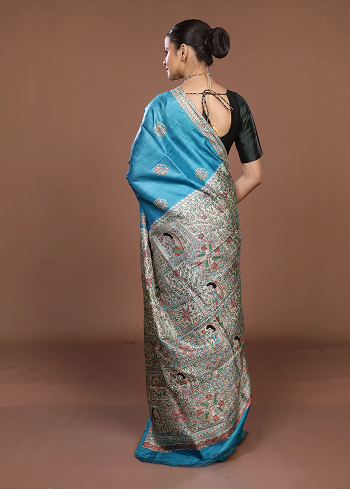 Blue Printed Silk Saree Without Blouse Piece - Image 3