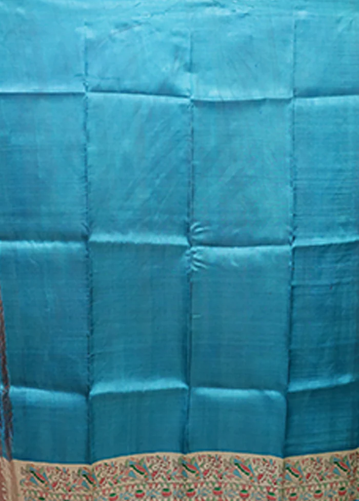 Blue Printed Pure Silk Saree Without Blouse Piece - Image 5
