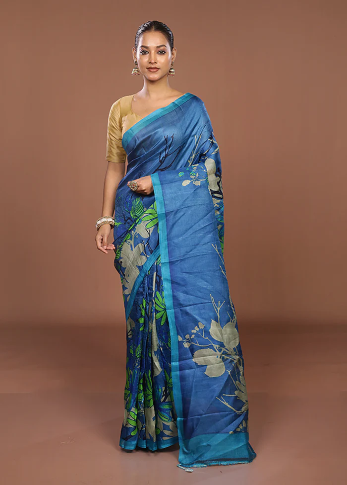 Blue Printed Silk Saree Without Blouse Piece - Image 2