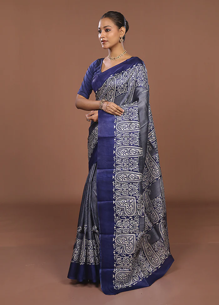 Blue Printed Silk Saree Without Blouse Piece - Image 4
