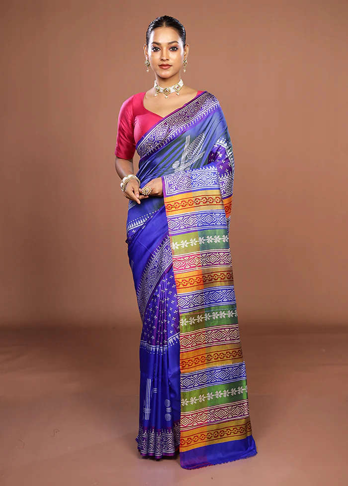 Blue Printed Silk Saree Without Blouse Piece - Image 2