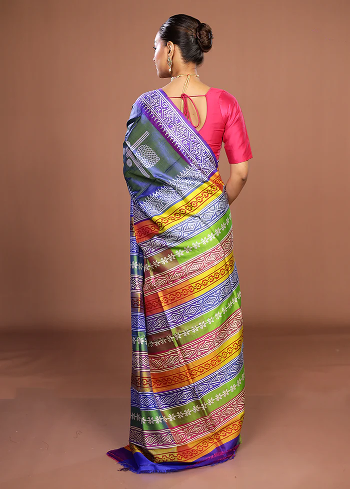 Blue Printed Silk Saree Without Blouse Piece - Image 3