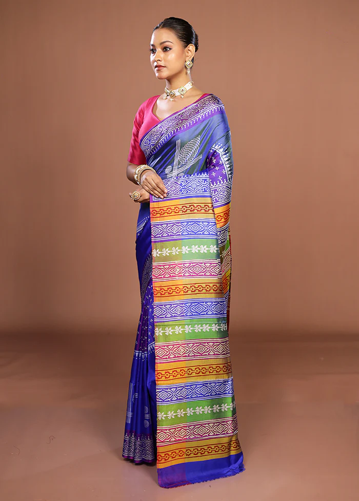 Blue Printed Silk Saree Without Blouse Piece - Image 4