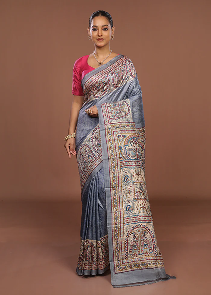 Grey Printed Silk Saree With Blouse Piece - Image 2