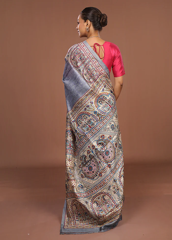 Grey Printed Silk Saree With Blouse Piece - Image 3