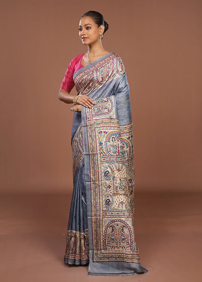 Grey Printed Silk Saree With Blouse Piece - Image 4