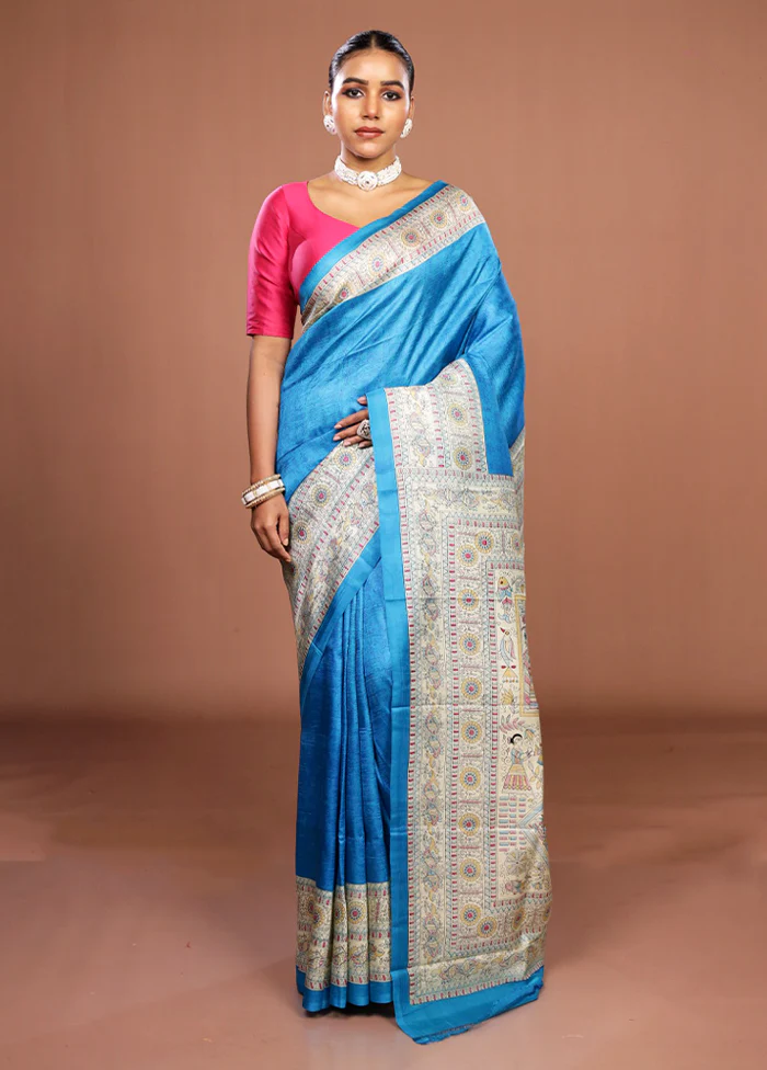 Blue Printed Silk Saree Without Blouse Piece - Image 2
