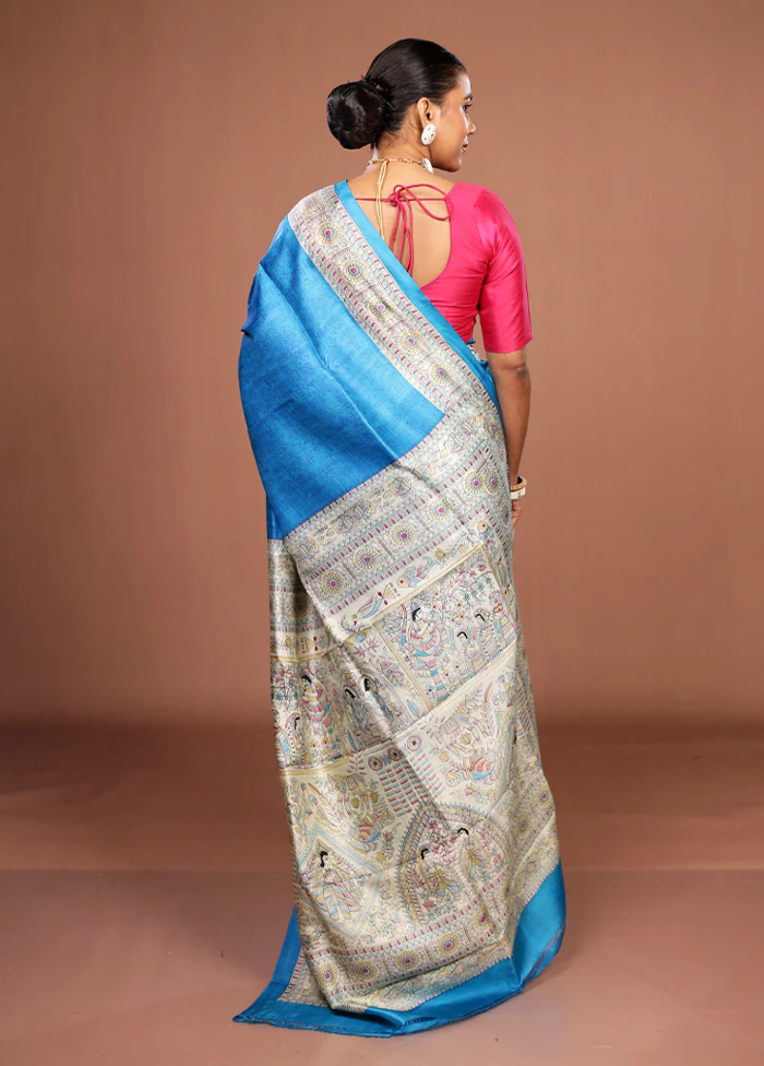 Blue Printed Silk Saree Without Blouse Piece - Image 3