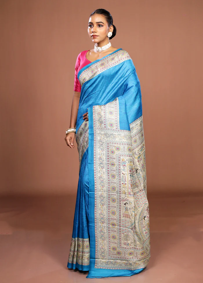 Blue Printed Silk Saree Without Blouse Piece - Image 4
