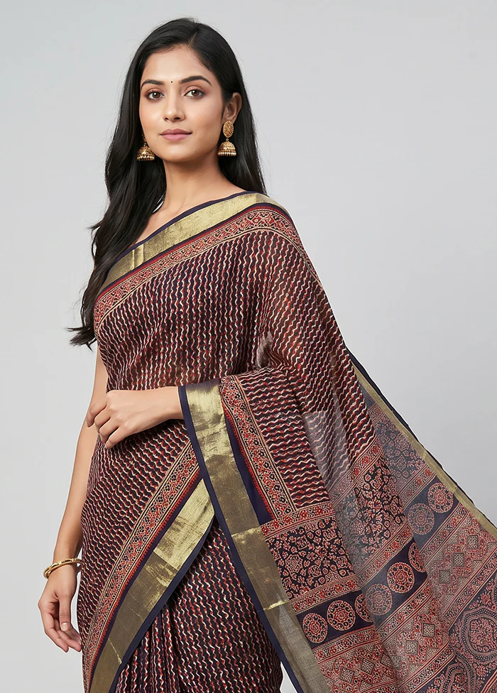 Blue Printed Silk Saree Without Blouse Piece - Image 2