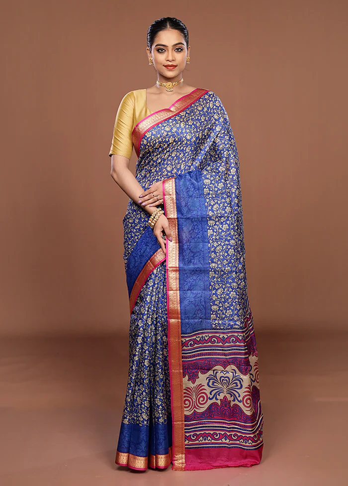 Blue Printed Silk Saree Without Blouse Piece - Image 2