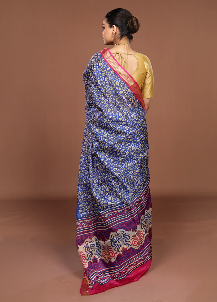Blue Printed Silk Saree Without Blouse Piece - Image 3