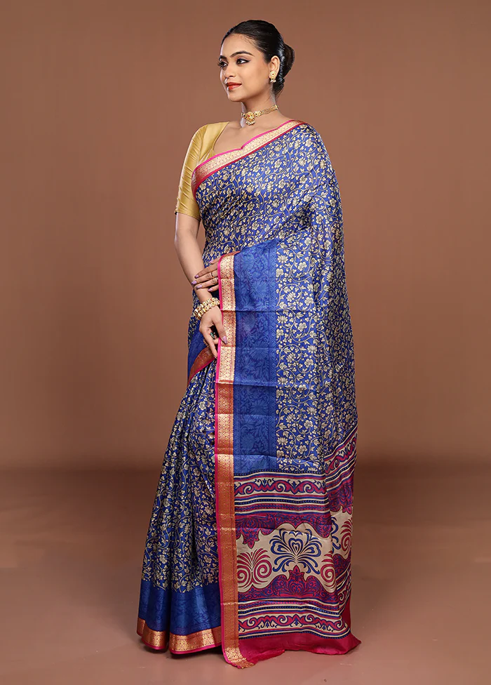 Blue Printed Silk Saree Without Blouse Piece - Image 4