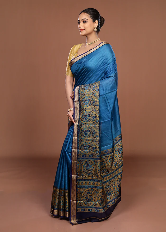 Blue Printed Pure Silk Saree Without Blouse Piece - Image 4