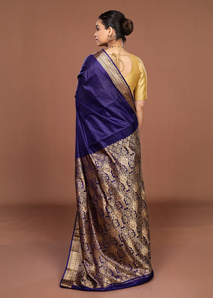 Blue Printed Pure Silk Saree Without Blouse Piece - Image 3
