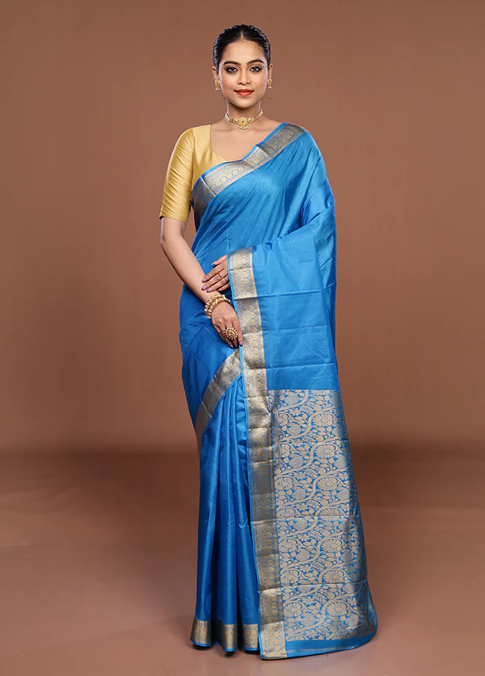 Blue Printed Pure Silk Saree Without Blouse Piece - Image 2