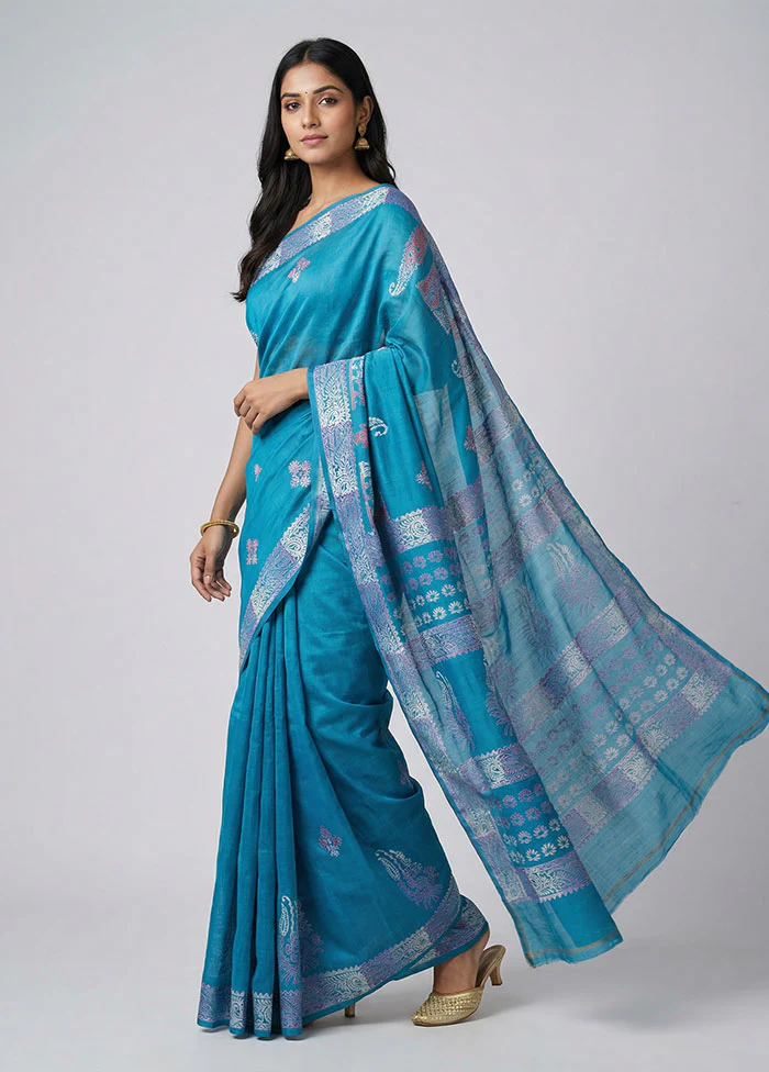 Blue Printed Silk Saree Without Blouse Piece