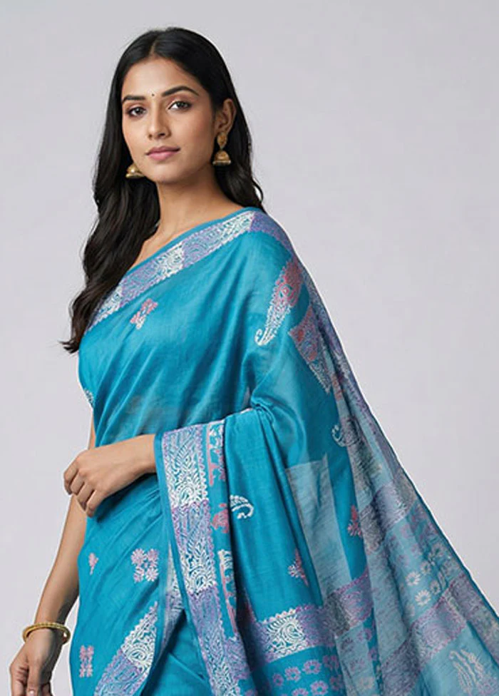 Blue Printed Silk Saree Without Blouse Piece - Image 2