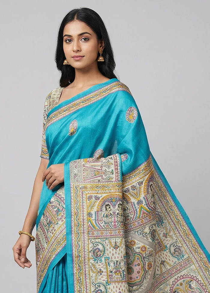 Blue Printed Pure Silk Saree Without Blouse Piece - Image 2